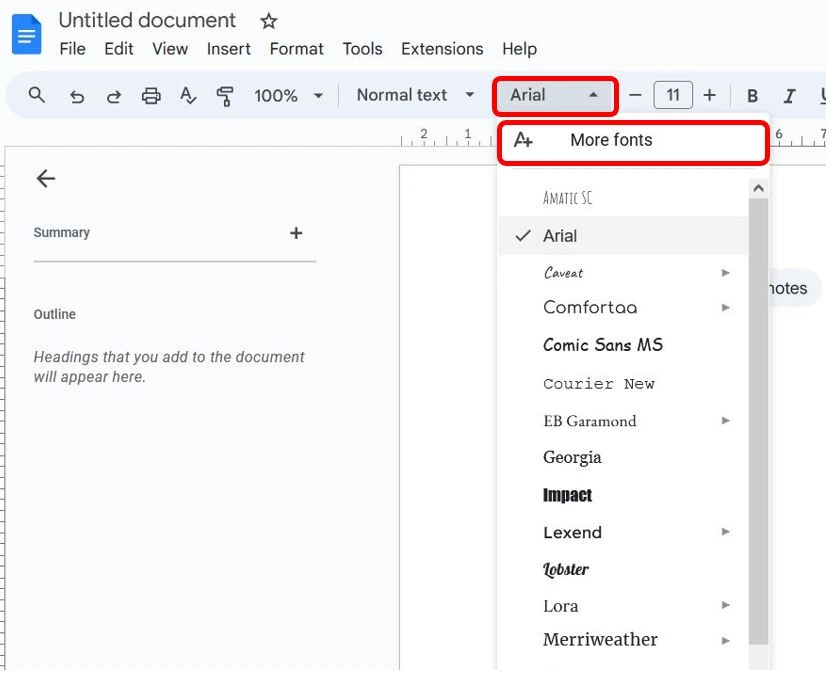 "More Fonts" to add new fonts in google docs