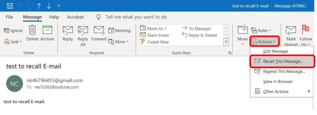 "Recall this Message" to recall email in outlook