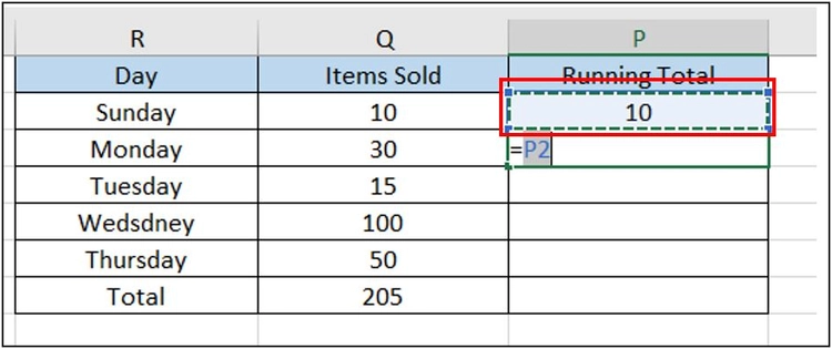 select the new cell to running total in excel