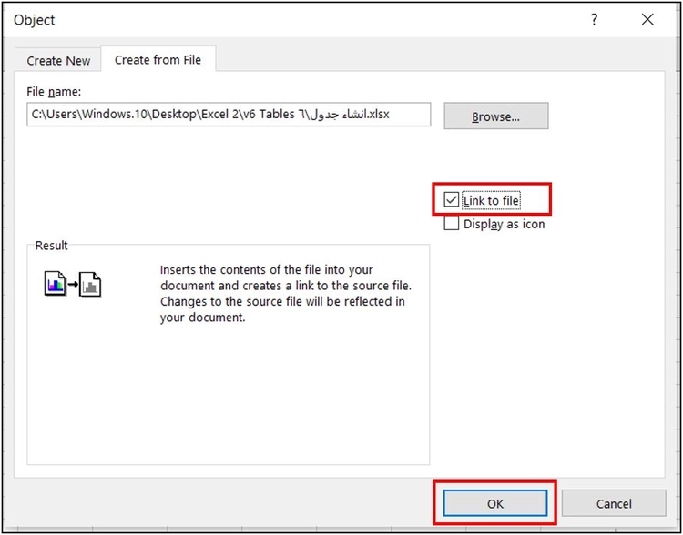  "link to File" to attach file in excel
