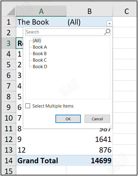 choose between several books in the pivot table