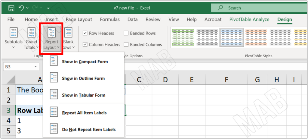 the "Report Layout" options