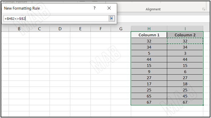 confirm the formula to compare the two columns of information