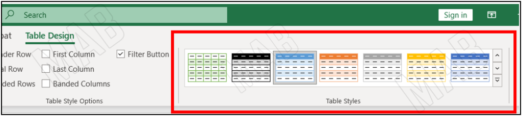 select another table format