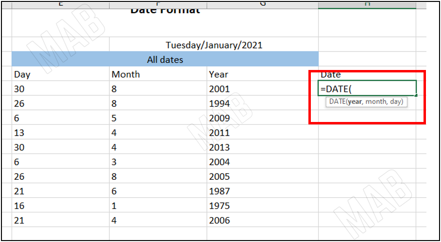 the "DATE" function,