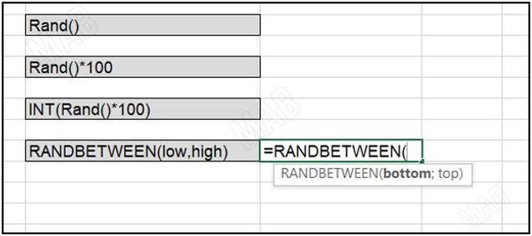 the function "RANDBETWEEN(="