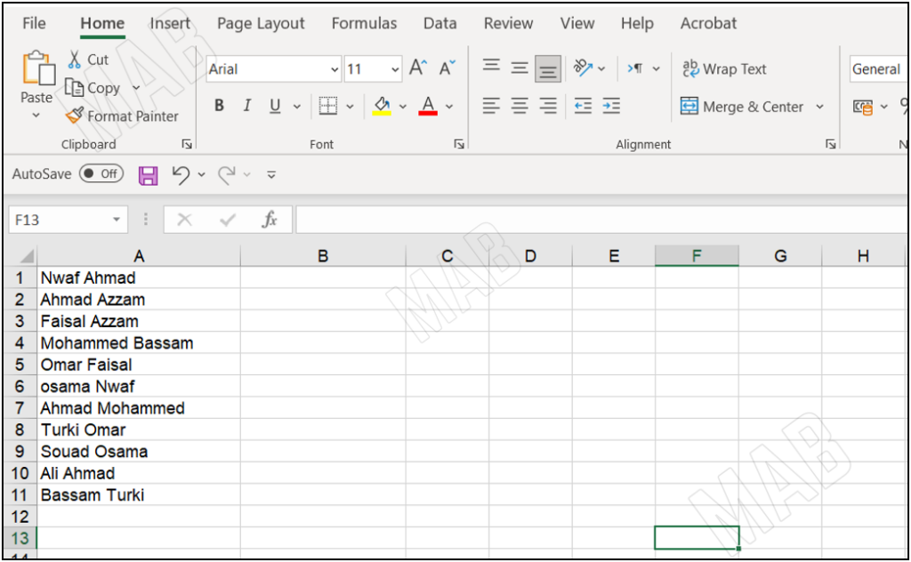 set of data in Excel