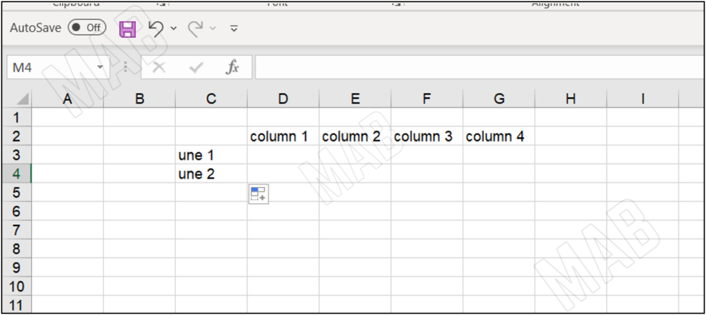  a table in Excel