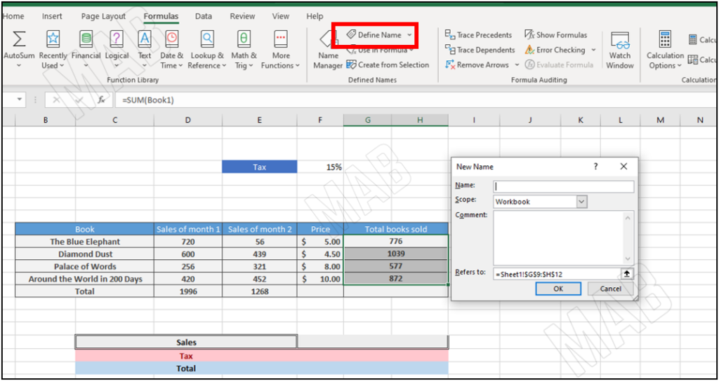 "Define Name" for naming cells