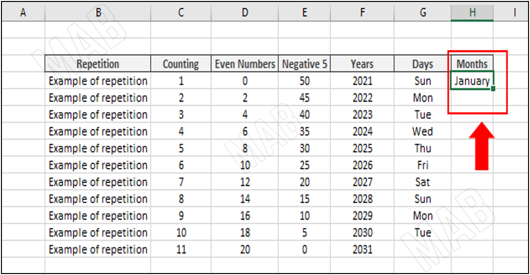 write one of the months in a cell