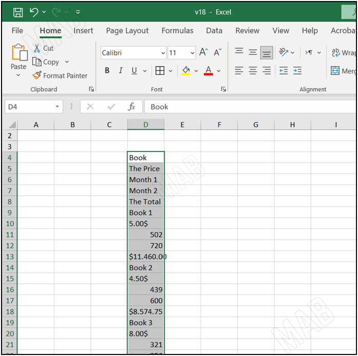 the result of copying the table from PDF to Excel