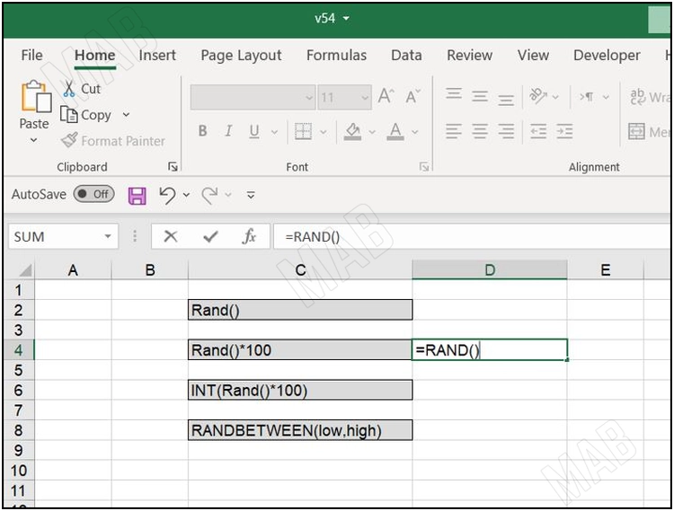 the function "RAND()=" to write random numbers