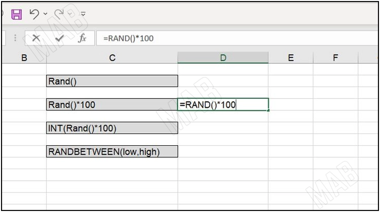 "=RAND*100"
