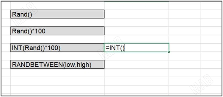 "INT()=" to add random numbers