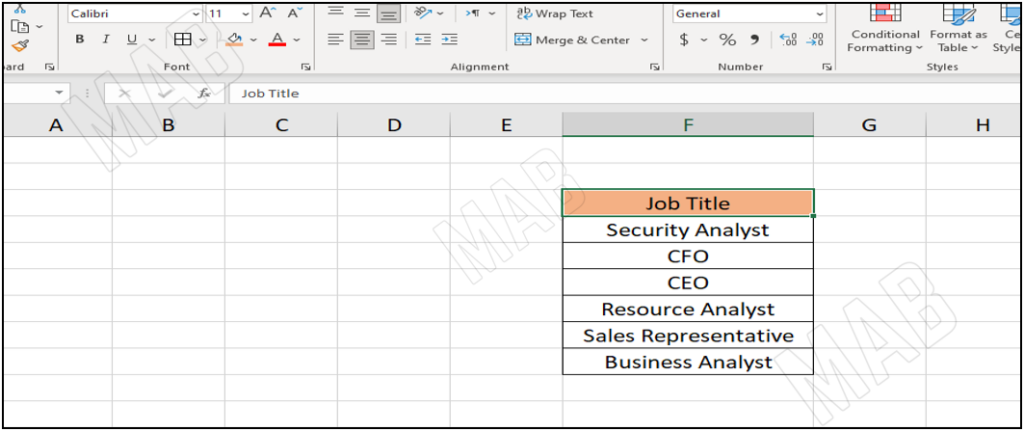 a table in Excel